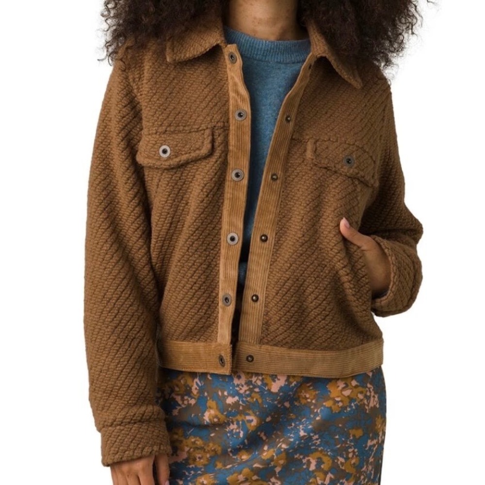 Prana Hellebore Jacket Brown Textured Boucle Corduroy Trim Snap Front Womens L